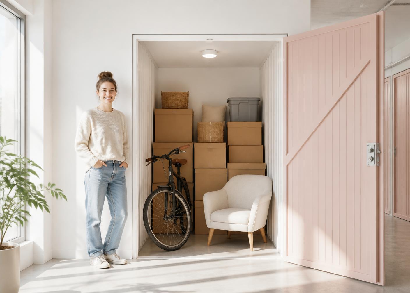 Förråd på 2 m² med kartonger och cykel