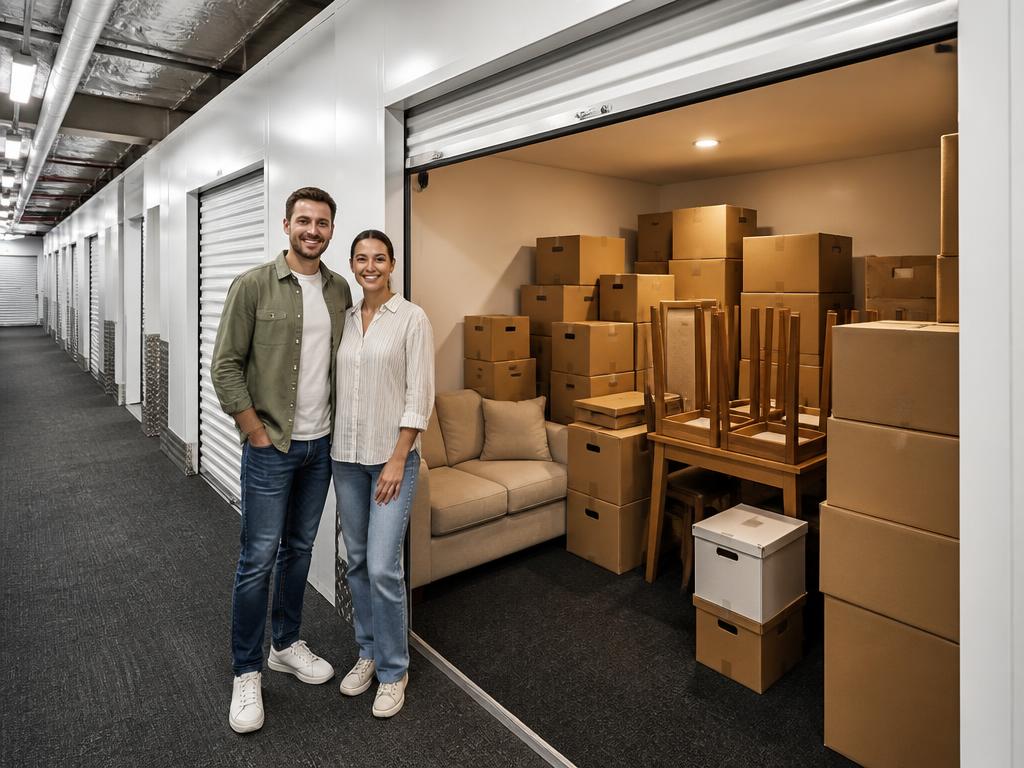 4 m² förråd med vit rullport, soffa, matgrupp, arkivkartonger och cirka 40 kartonger – par bredvid för storleksjämförelse