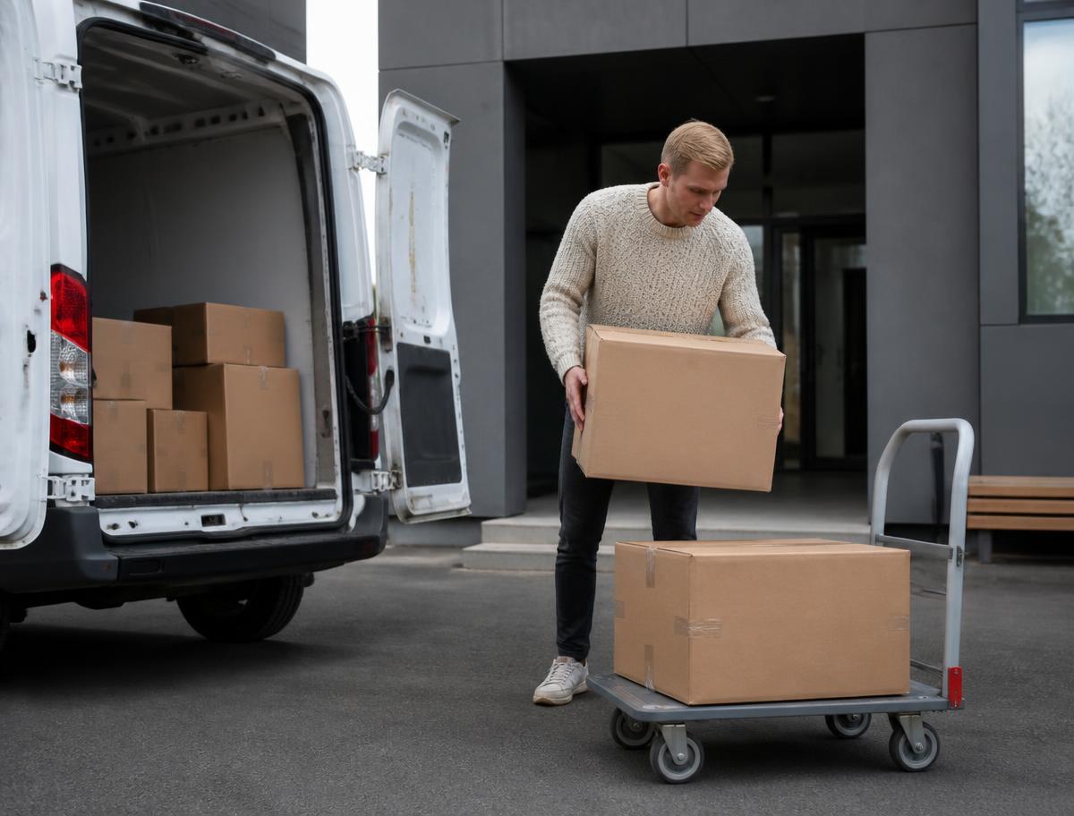 Man lastar kartonger från skåpbil till vagn utanför Magasinerats entré